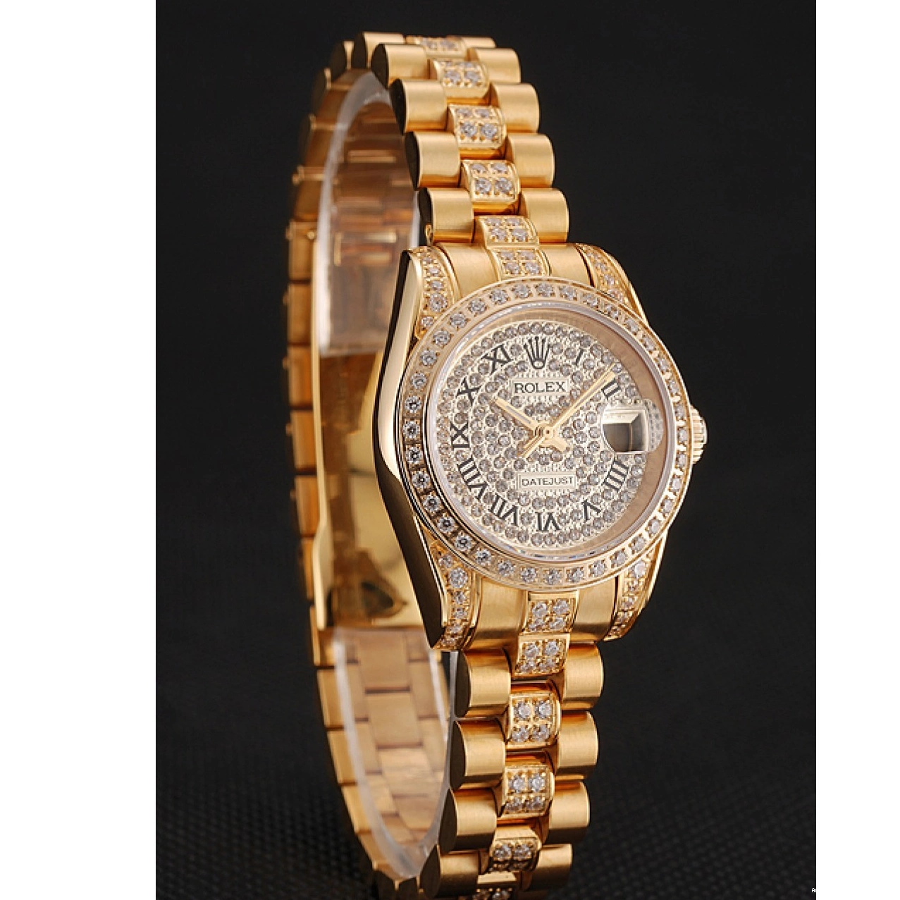 Aaa replica watch Gold Diamond Rolex Diamond 1453955 Pave Bracelet Dial DayJust Swiss 0523